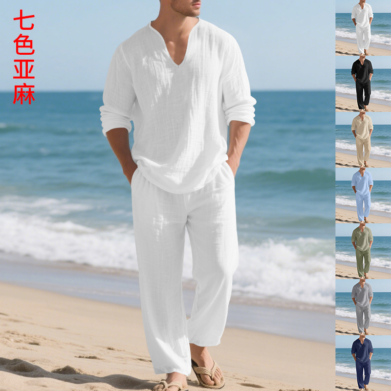 亚马逊跨境秋季宽松亚麻美式休闲男士沙滩V领设计长袖长裤套装男|undefined