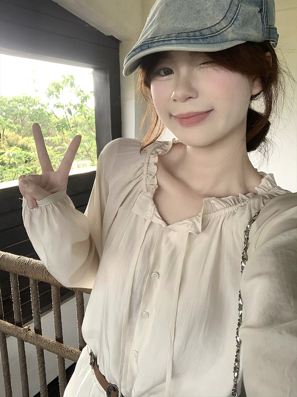 2025气质甜美复古边长袖防晒衬衣女春夏新款抽绳叠穿小众短款上衣|undefined