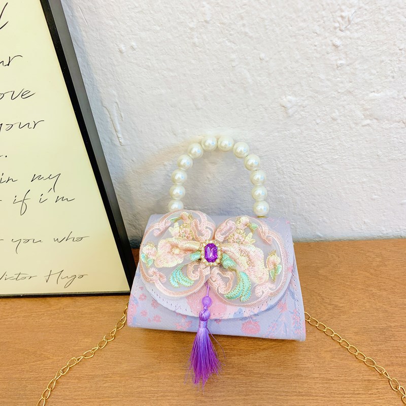 Bolso de princesa de niñas 2025, otoño nueva chica lindos bordillos de encaje mochila bolso de perlas de estilo chino Aisha