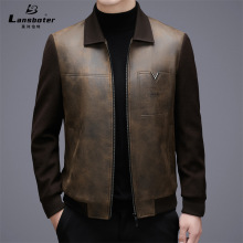 时尚潮流针织袖复古磨砂皮加棉翻领皮夹克秋冬新款男士休闲皮外套