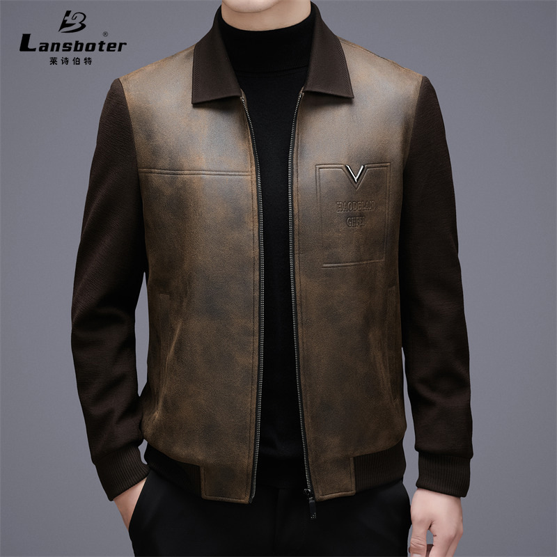 时尚潮流针织袖复古磨砂皮加棉翻领皮夹克秋冬新款男士休闲皮外套