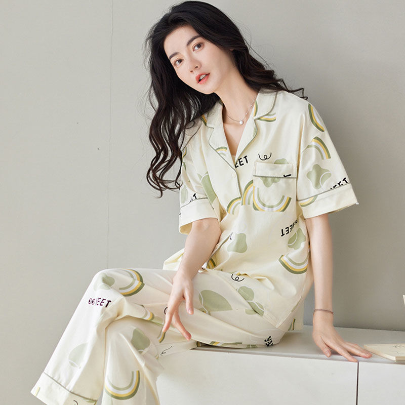 100% pijamas de algodón de verano de las mujeres pantalones de manga corta cardigan dulce verano Delgado homewear traje