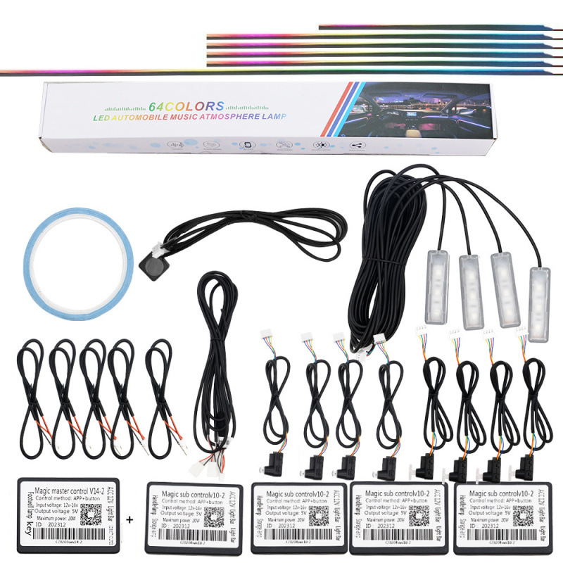 Automóvil escondido LED atmósfera sin cableado APP universal barra de luz de flujo de agua de color fantasma