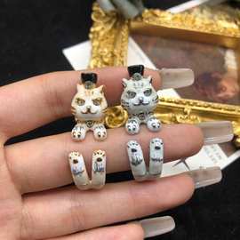 中古西洋饰品设计感珐琅釉可爱小猫咪戒指指环镀真金白金两色可选