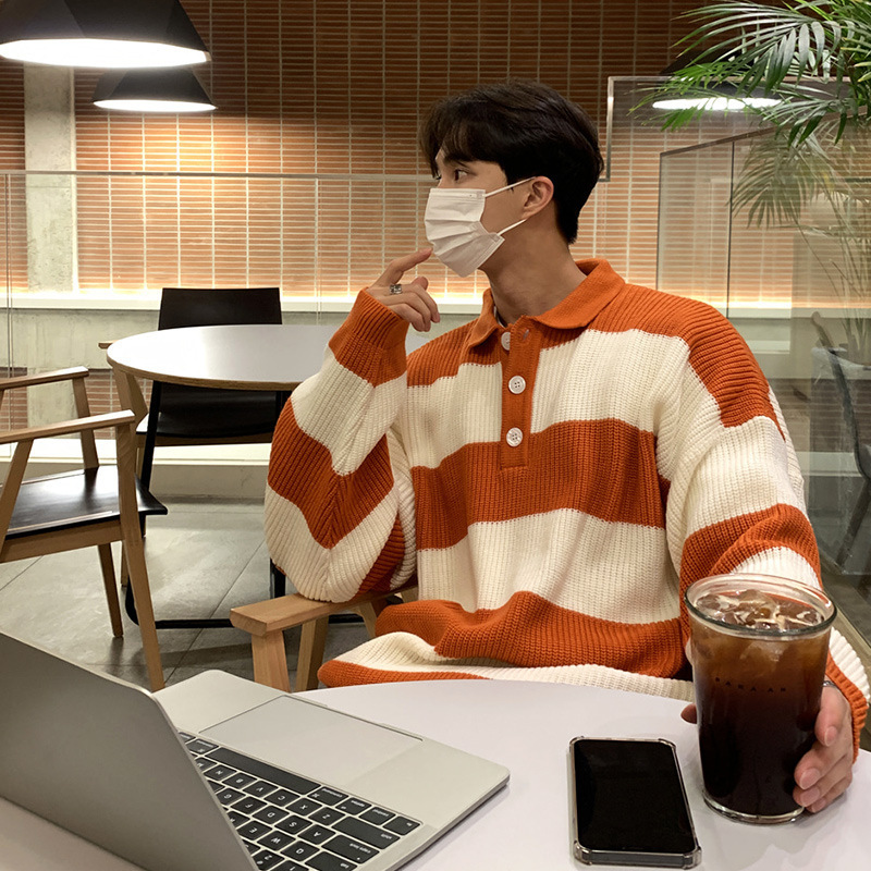 潮牌套头外套毛衣男宽松百搭条纹polo领针织衫学生情侣休闲上衣|undefined