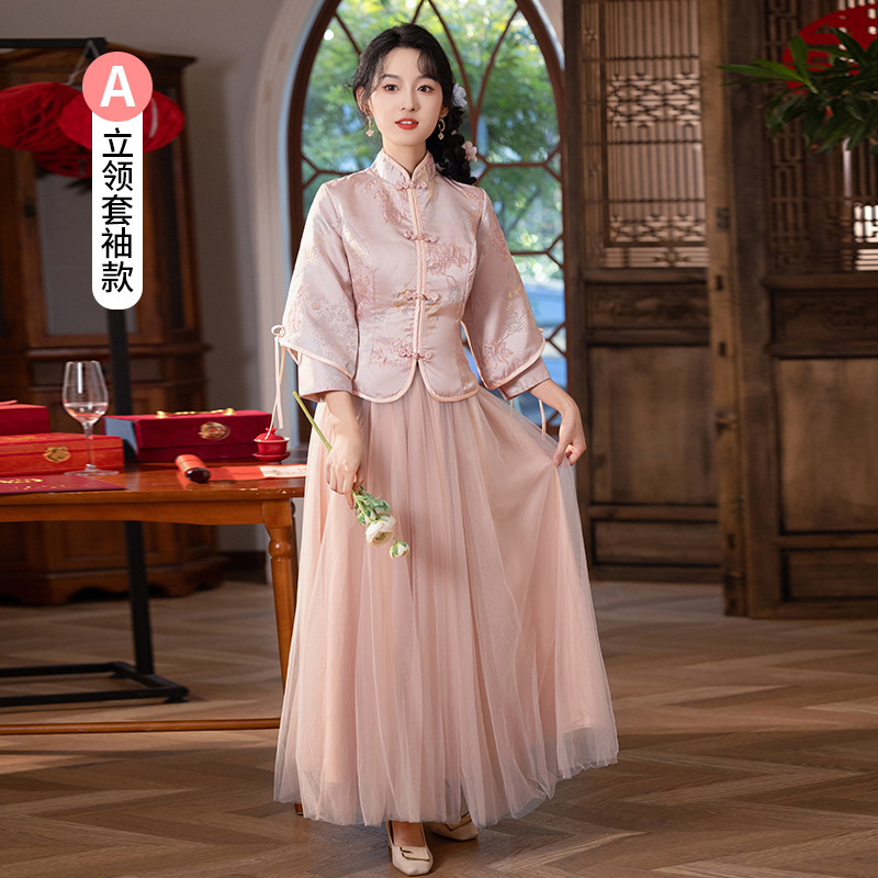 中式伴娘服2025新款粉色显瘦国风姐妹晚礼服裙伴娘团大码秀禾礼服|undefined