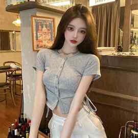设计感小众别致打底衫短袖T恤女2022夏季辣妹短款抽绳上衣潮ins