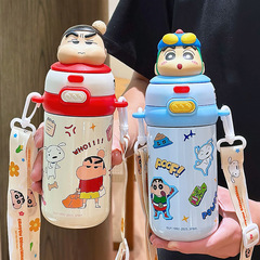 蜡笔小新儿童保温杯男女孩316不锈钢带吸管幼儿园可斜挎双饮水壶