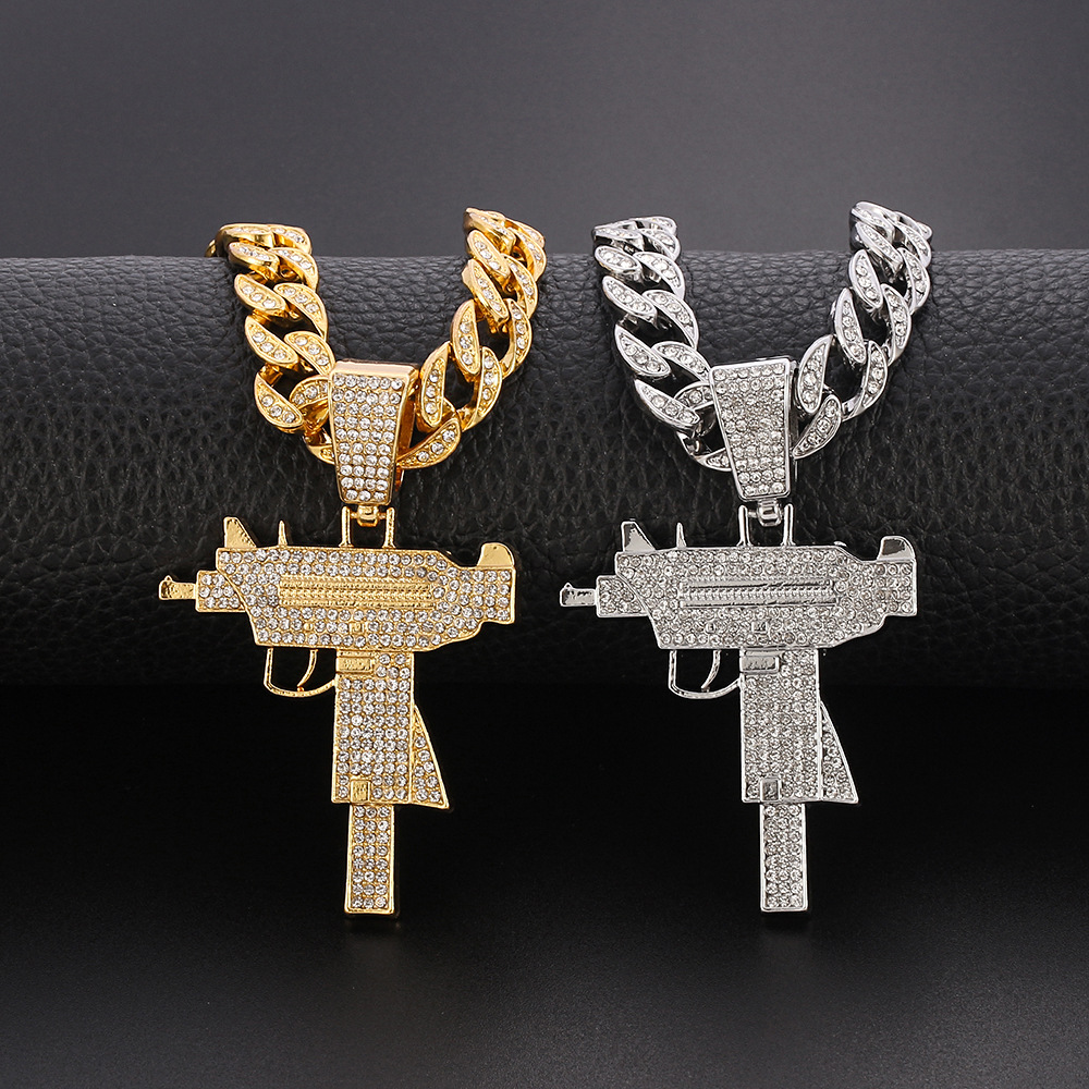 Lina Girl Unique European And American Exaggerated Cool Full Diamond UZI Gun Necklace Trendy Men's Street Cuban Chain Punk Pendant_voghion.com