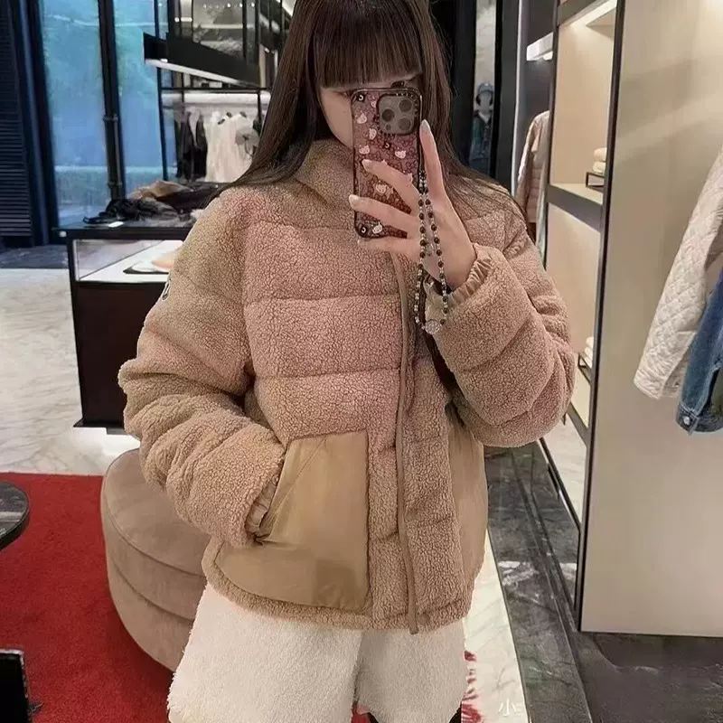 蒙家 2024冬季新款泰迪毛连帽休闲短款女士口袋羽绒服鹅绒外套