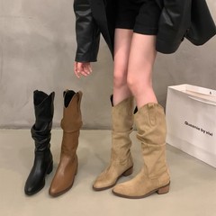 粗跟复古棕色V口堆堆中筒长靴女鞋2025夏季尖头西部牛仔长筒靴子