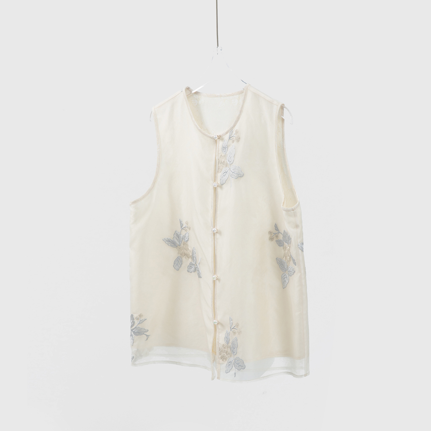 真丝绡双层圆领国风马甲女重工刺绣100桑蚕丝欧根纱上衣春新款