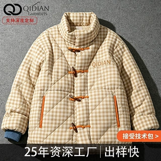 工厂定制新中式格纹牛角扣棉服男女菱形衍缝夹棉外套宽松复古棉袄