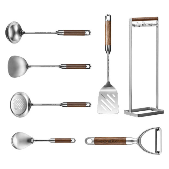 Cooker King Spade Spoon suit 316 Stainless Steel Household Large Stir-frying Soup Spoon Colander Rosewood Handle Set Rack T