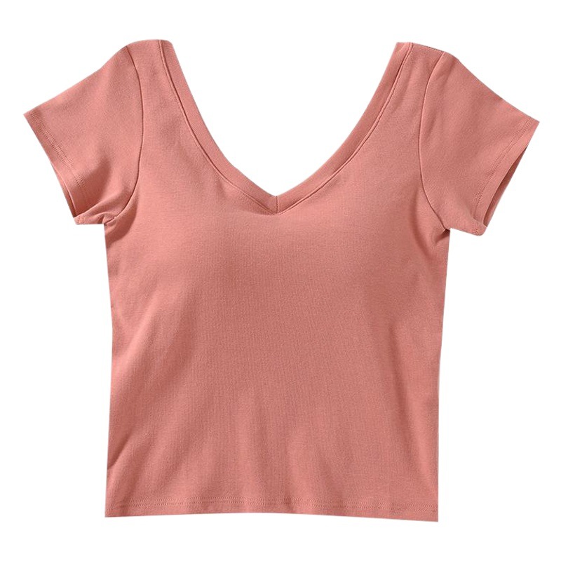 New V-neck round neck waist cotton belt breast pad bra-free cup one-piece half-sleeve T-shirt short-sleeve home yoga women