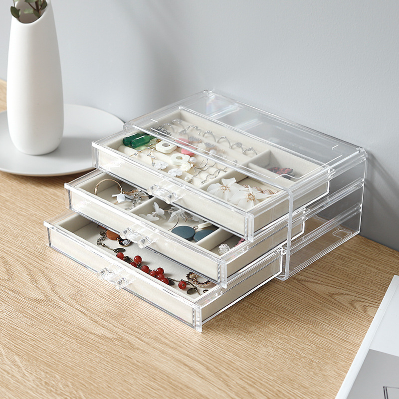 Three Drawer Cosmetic Storage Box Jewelry Necklace Storage Box Earring Ring Display Stand Velvet Tray Storage Box