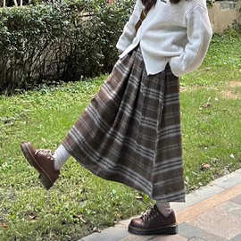 氛围感甜美撞色格纹半身裙春季新款减龄高腰显瘦百搭设计感中长裙