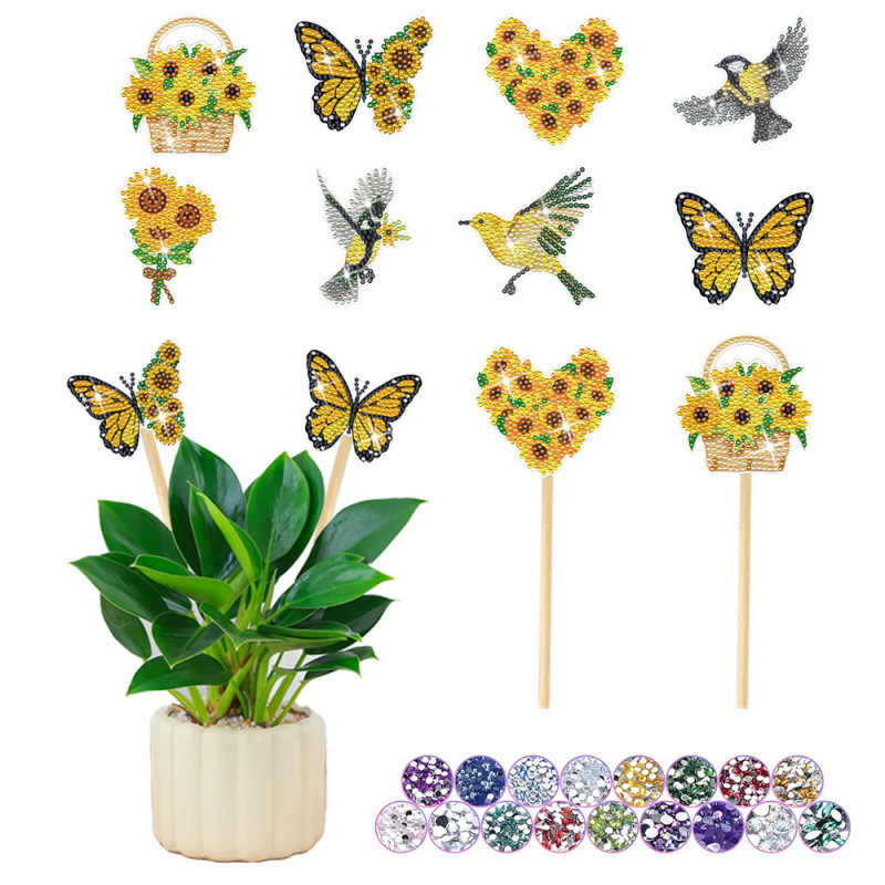 Estacas decorativas para macetas con diseño de flores para decoración de plantas en el hogar y escritorio, fabricante de estacas de jardín hechas a mano con pegatinas de diamantes DIY.