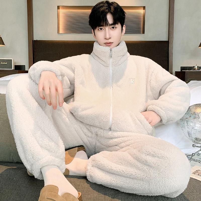 Chao Ye Men's Pajamas Spring Autumn Winter Flannel Thickened Fleece Warm Coral Fleece Stand Collar Cardigan Homewear Set