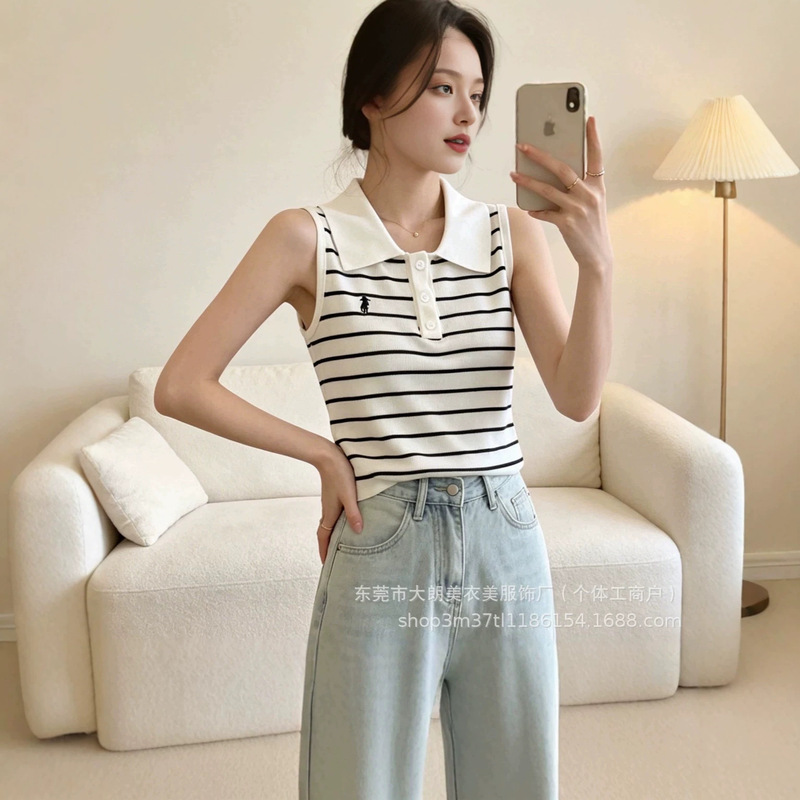 Summer New Style Striped Embroidered Polo Collar Knitted Vest for Women, Slim Fit, Casual Style, Versatile Sleeveless Top Summer New Style Striped Embroidered Polo Collar Knitted Vest for Women, Slim Fit, Casual Style, Versatile Sleeveless Top