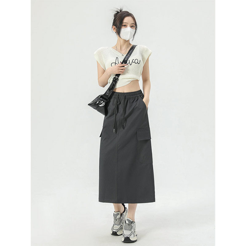 Charcoal Gray American Retro Workwear Skirt for Women, Summer Thin 2026 New Style, Mid-Length Bodycon Skirt, High-Waisted Slimming Half Skirt