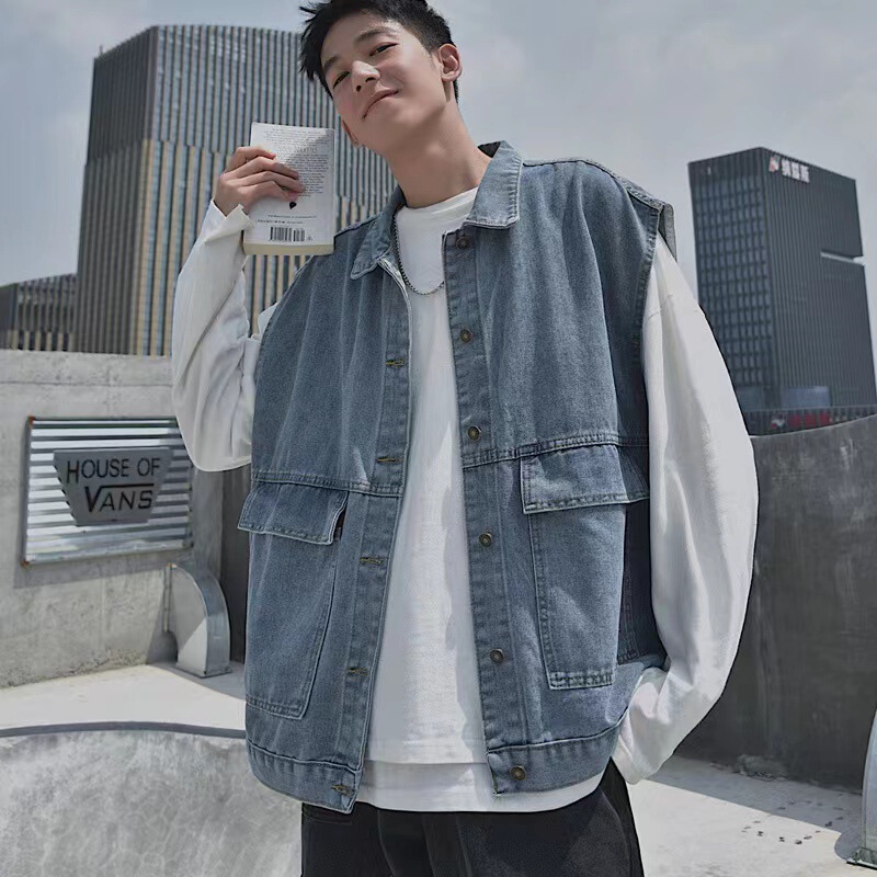 Autumn Korean-style Loose Hip-hop ins Vest Denim Jacket Men's Teenager Workwear Sleeveless Fashionable Vest Jacket