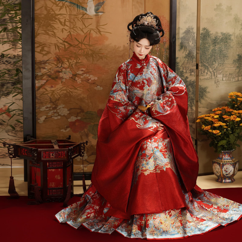 Ming Dynasty Noblewoman [Phoenix Song of Mountains and Seas] Brocade Embroidered Horsehair Skirt Chinese Wedding Ming Dynasty Wedding Dress Hanfu Set