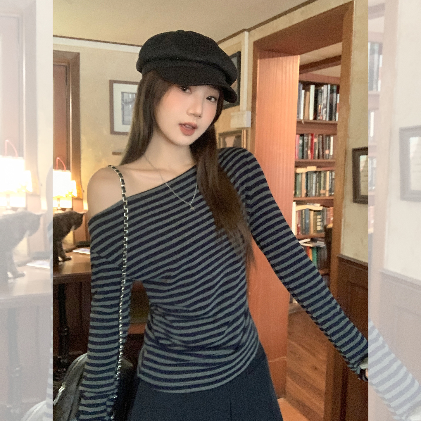 小众撞色条纹辣妹收腰长袖T恤女2025秋季韩系斜露肩褶皱打底上衣