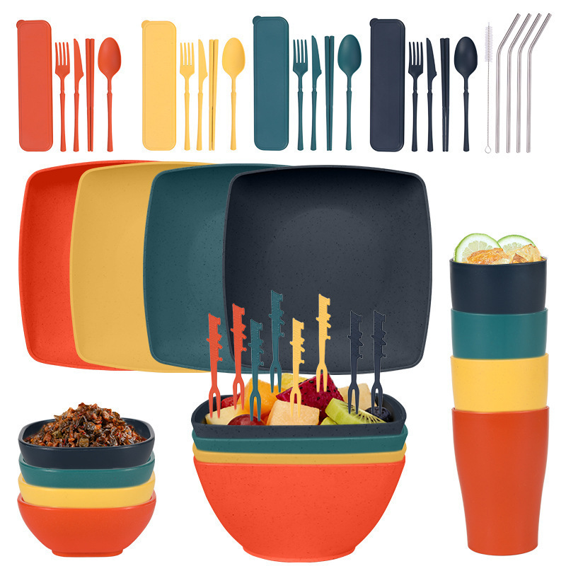 Cross-Border Hot-Selling Wheat Straw Square Dinner Plates, Bowls, Cups, Knives, Forks, Spoons, Straws, Tableware, Outdoor Tableware Set Cross-Border Hot-Selling Wheat Straw Square Dinner Plates, Bowls, Cups, Knives, Forks, Spoons, Straws, Tableware, Outdoor Tableware Set