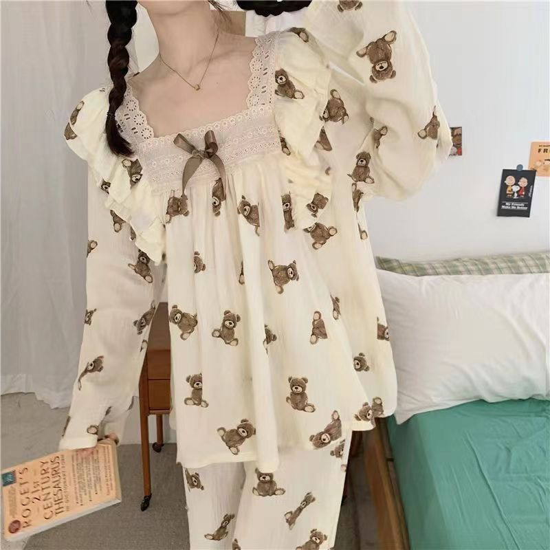 Pijamas de Manga Larga para Otoño e Invierno con Relleno en el Pecho para Mujer, Estilo Coreano 2025, Lindo Traje con Flores Pequeñas, Ropa de Dormir para Estudiantes