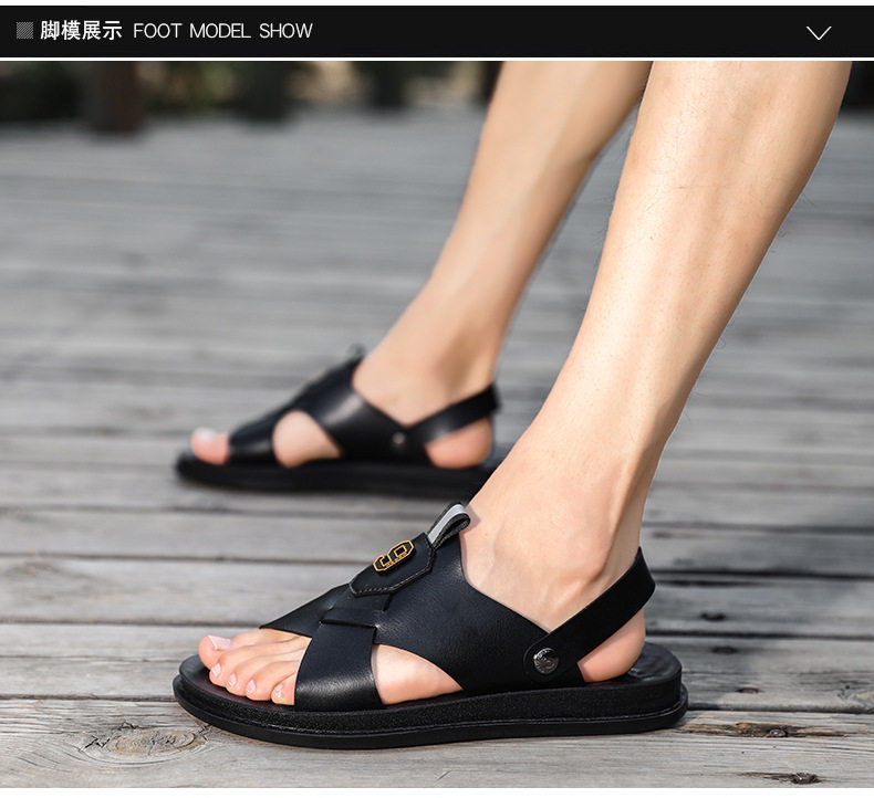 Dép sandal nam quai ngang hở ngón chất liệu da PU chống trơn trượt, thoáng khí — Màu kaki, Màu nâu, Nâu đỏ, Đen toàn bộ chi tiết 17