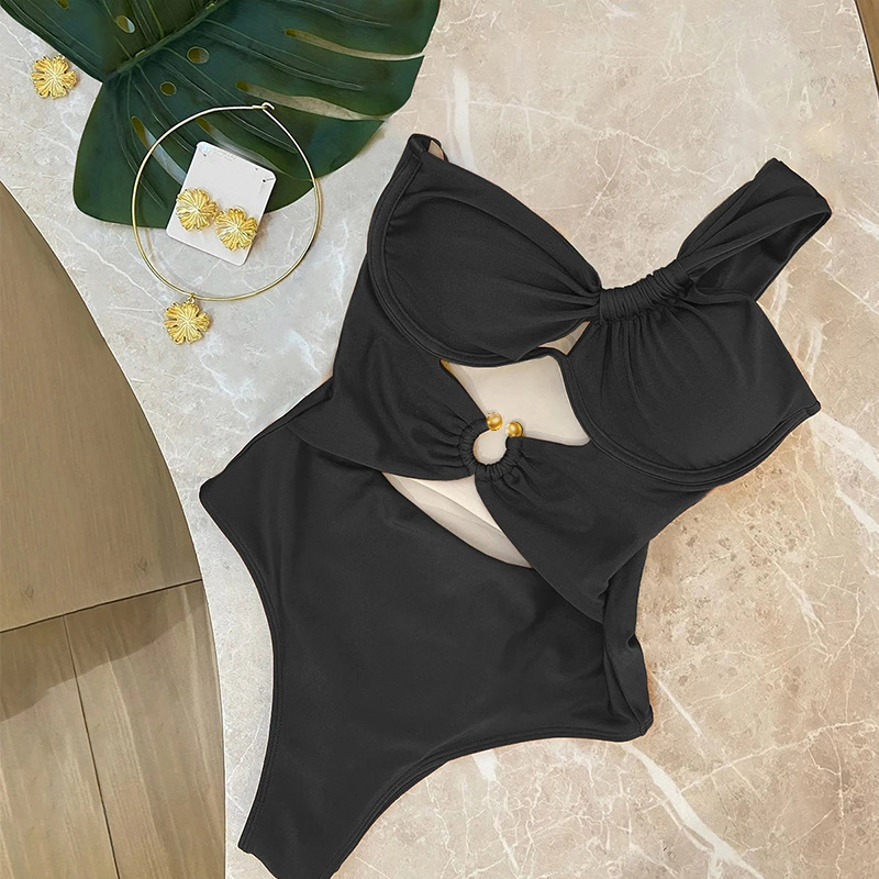 One Shoulder Neckline Skinny Fit Type Solid Color Pattern Women's Sexy Solid Color Hollow Out One Piece Swimwear