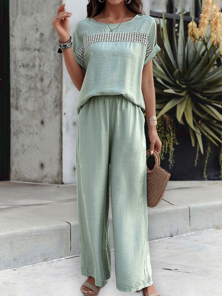 455g Weight Half Sleeve, Half Sleeve Sleeve Length Spandex, Polyester Fabric Type Low Waist Waist Line Short Top Length Pant Co-ord Set, Pant Co-ord Set Sets Type 2 Pieces Set Quantity Casual, Daily Occasion Round Neck, Round Neck Neckline Loose, Loose Fit Type Stripe, Solid Color Pattern Summer, Spring, Autumn Season Women's Gender Hollow Out Design Streetwear, Streetwear Style Apricot Color KaiKuO Women's Fashion Independent Station 2024 Spring Summer Export Casual Fashion Solid Color Short Sleeve Long Pants Hollow Out Set 3