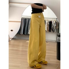 レトロなハイストリートイエローワイドレッグジーンズ女性用春と秋の新しいハイウエストルーズスリミング多用途ストレートレッグフロアレングスパンツトレンディ