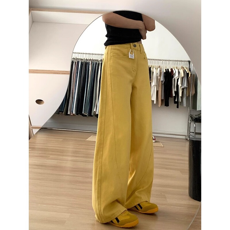 レトロなハイストリートイエローワイドレッグジーンズ女性用春と秋の新しいハイウエストルーズスリミング多用途ストレートレッグフロアレングスパンツトレンディ|undefined