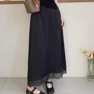 European station 2025 summer fashion elastic waist A version hem lace stitching back split acetic acid skirt tide