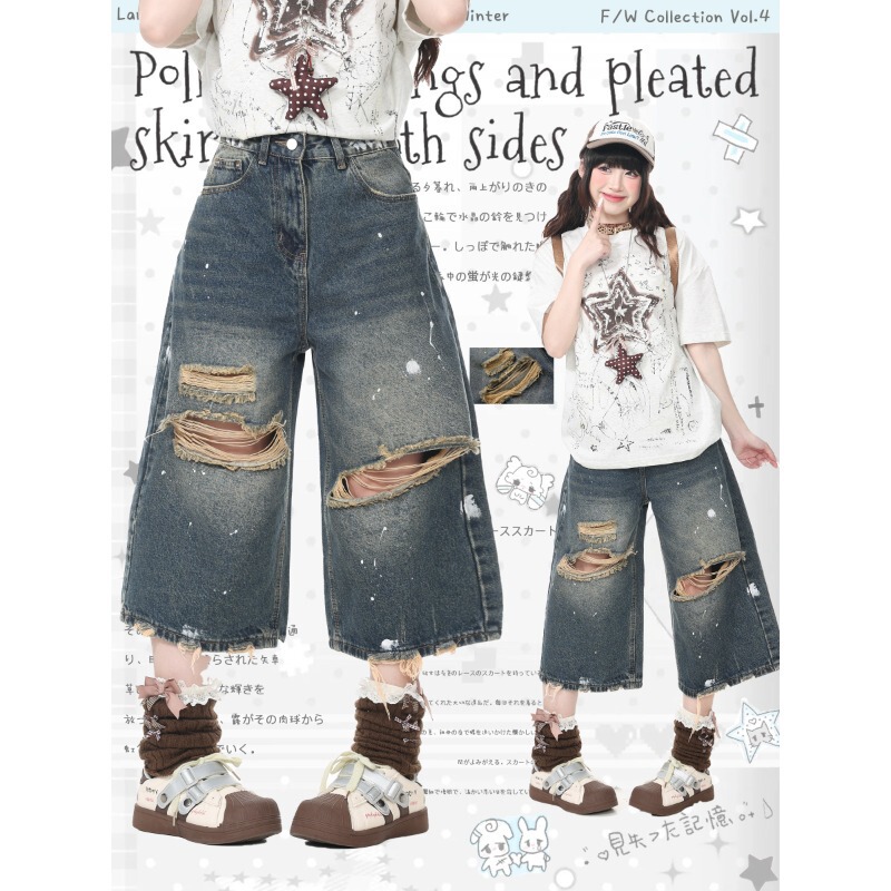 Trendy American Retro Distressed Cropped Jeans for Women, New Summer Style, Casual Loose Mid-Length Shorts