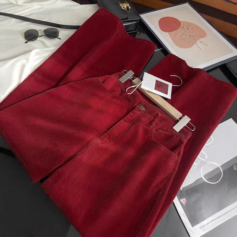 The Ultimate Pants of the Year! Fashionable Red Corduroy Loose-Fitting Slimming Wide-Leg Pants, Floor-Length Pants for Women, New The Ultimate Pants of the Year! Fashionable Red Corduroy Loose-Fitting Slimming Wide-Leg Pants, Floor-Length Pants for Women, New