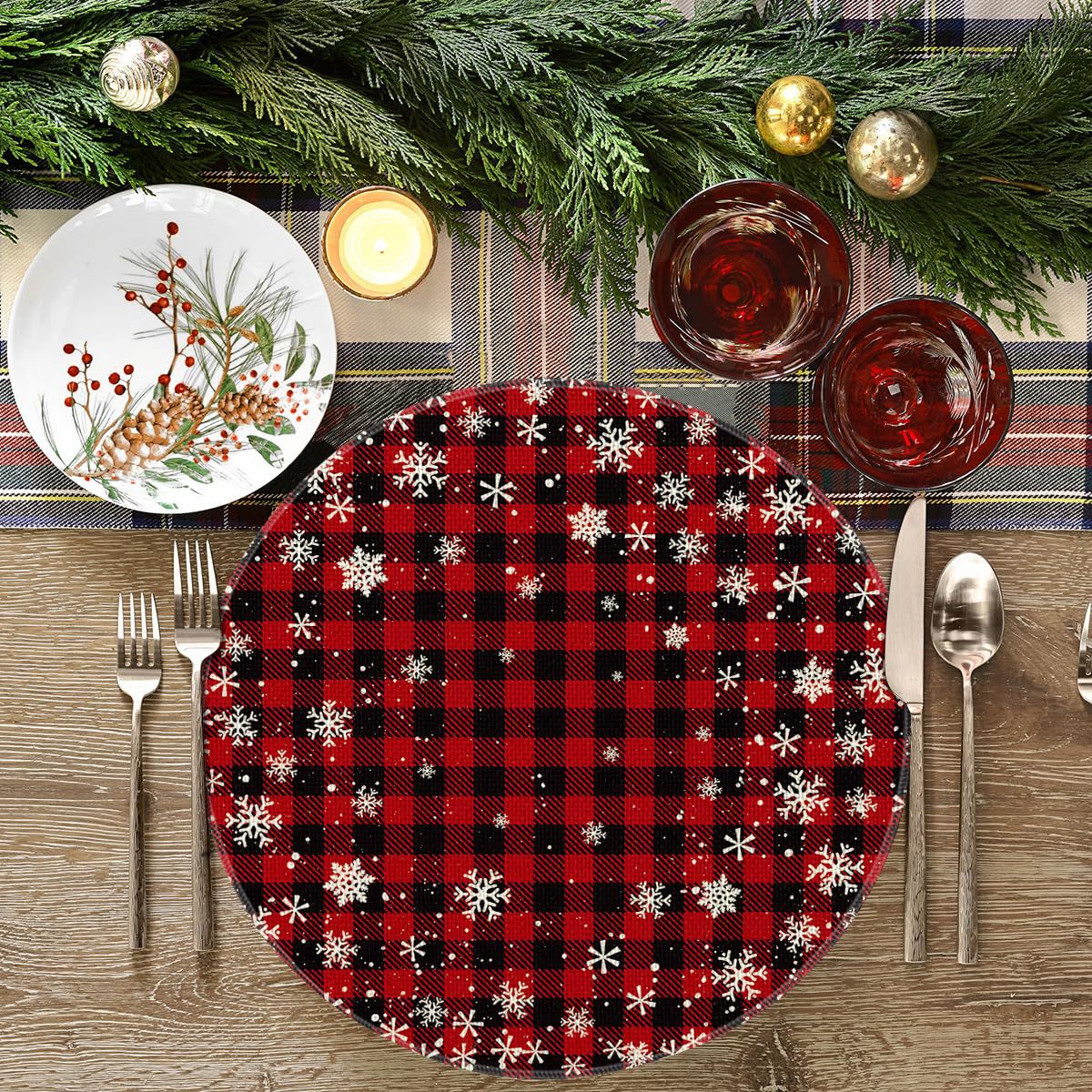 Ronda Navidad Lino placemat camino de mesa vacaciones árbol de Navidad muñeco de nieve tela placemat lavable decorativo diseño estera