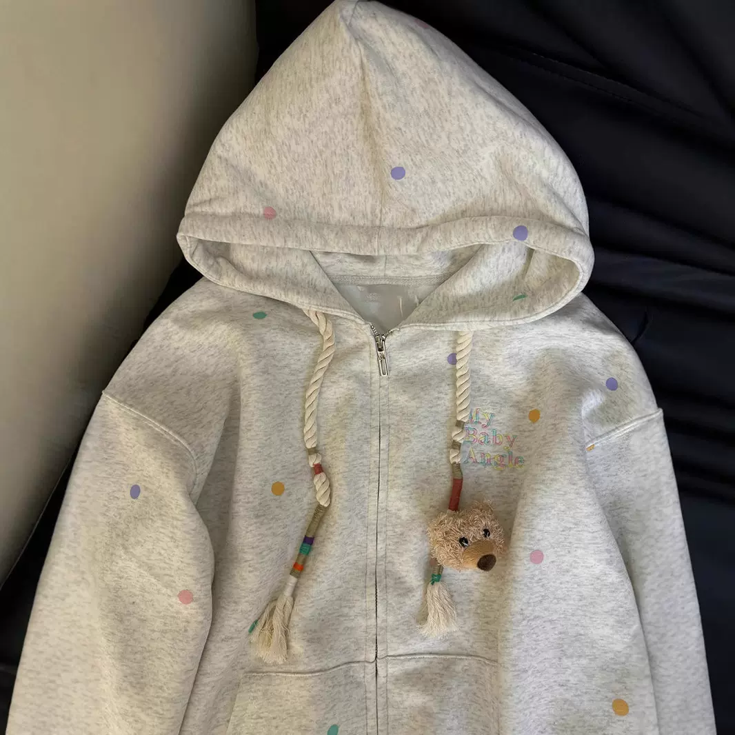 美式复古彩色波点刺绣加绒连帽卫衣女宽松设计感休闲百搭开衫外套
