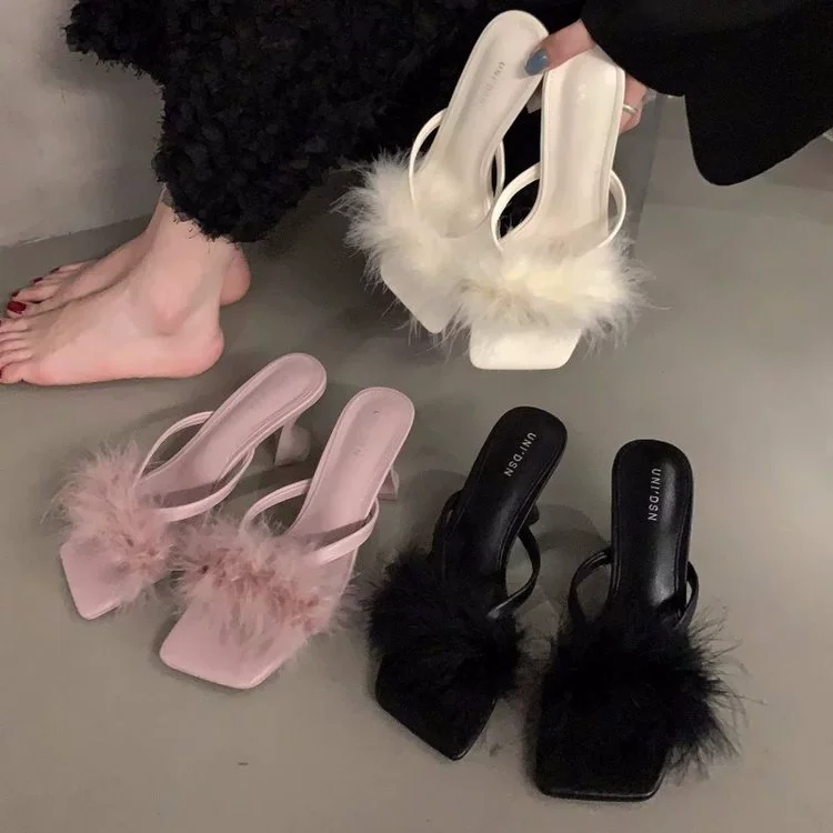 Французские туфли на высоком каблуке шерстяные тапочки женские туфли носить на улице 2025 новый летний фея ветер черный сандалии