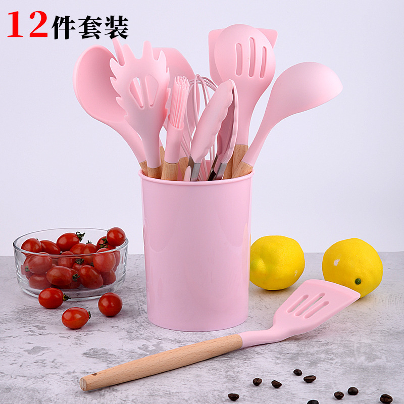 Cocina antiadherente olla de almacenamiento Cubo de silicona utensilios de cocina traje de 12 piezas conjunto mango de madera utensilios de cocina de silicona olla pala cuchara utensilios de cocina