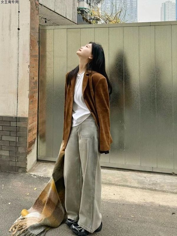 西装外套女春秋季新款休闲西服感棕色麂皮绒美拉德小个子|undefined