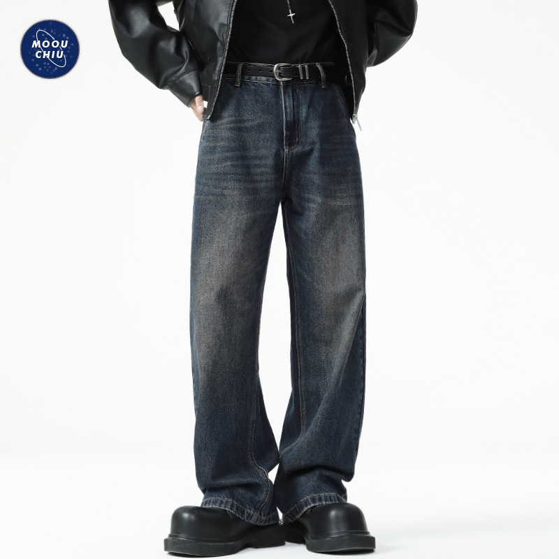 Muqiu Men's Clothing American High Street Retro Washed Wide Leg Jeans Men's Trendy Brand Cleanfit Straight-Leg Long Pants