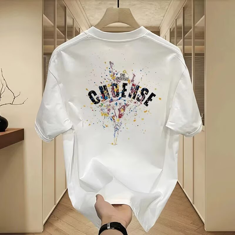 Spring style men's round neck short-sleeved T-shirt with lacquer dot letter print on the back, new casual and cool style.