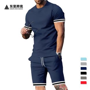 Cross-Border European and American 2025 Summer Men's Short-Sleeved T-Shirt Round Neck Suit Sports Men's Casual Shorts Two-Piece Set for Men
