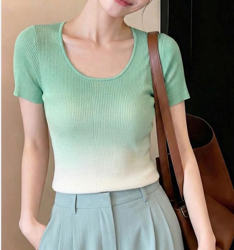 Áo thun nữ cổ U dệt kim lụa mát tay ngắn vai xuôi thiết kế Pháp thanh lịch — Xanh lá cây nhạtcolor, màu xanh huỳnh quang, hồng trắng chi tiết 2