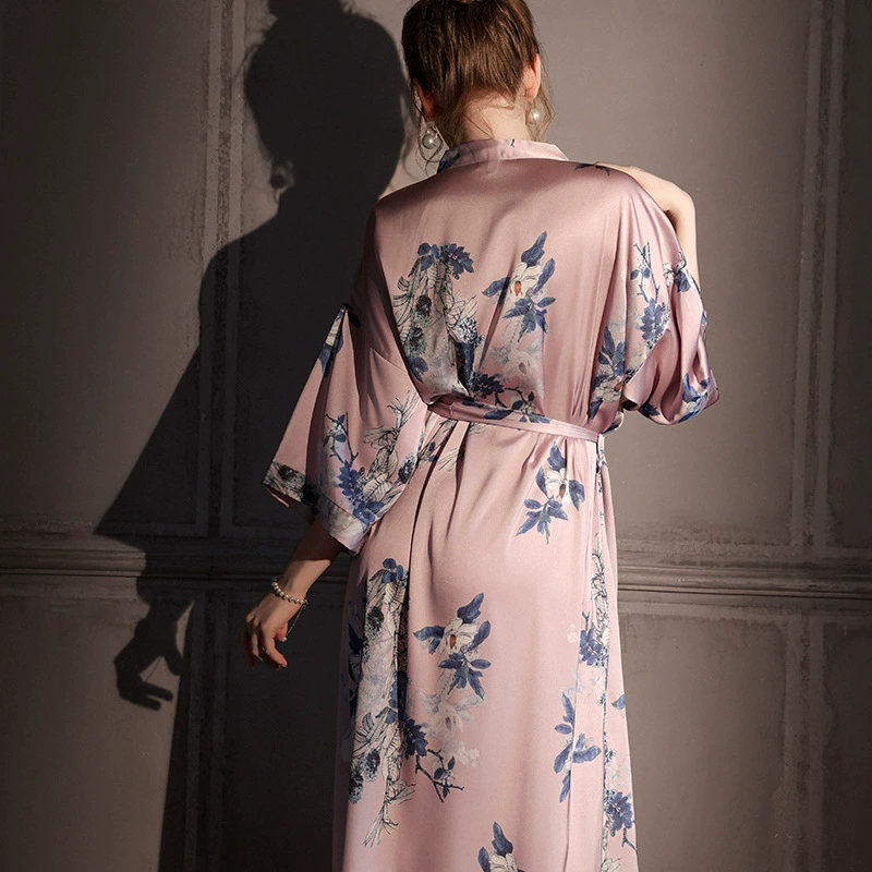 Silk summer bathrobe, long thin pijama, Korean style, maxi length