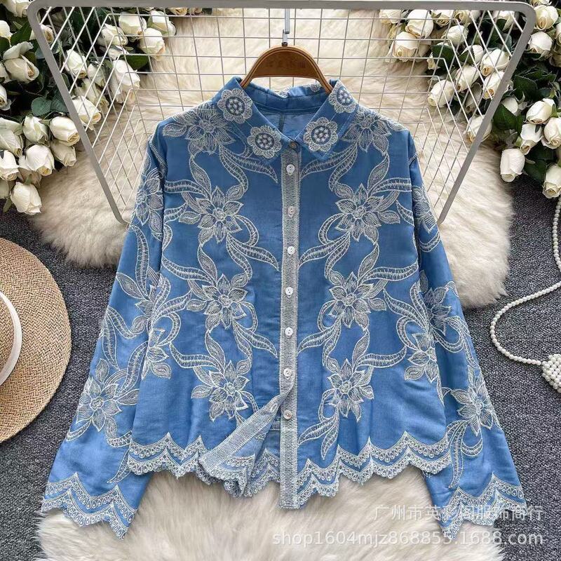 Autumn New Style Literary Fresh Loose Cotton Lace Embroidered Single-Breasted Shirt Women's Casual Design Top