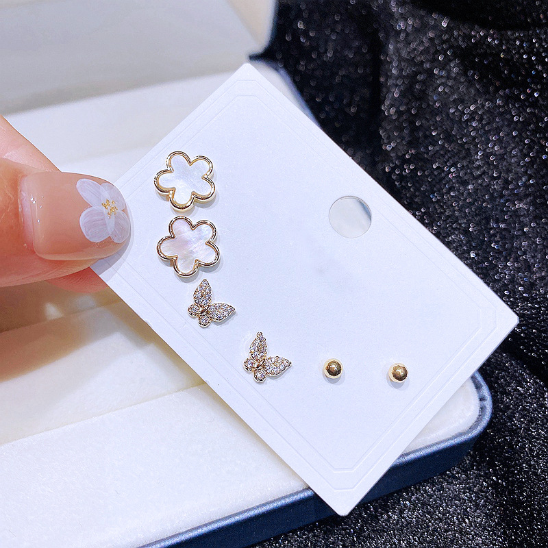 Simple Shell Flower Butterfly Copper Inlaid Zircon Stud Earrings 3 Set